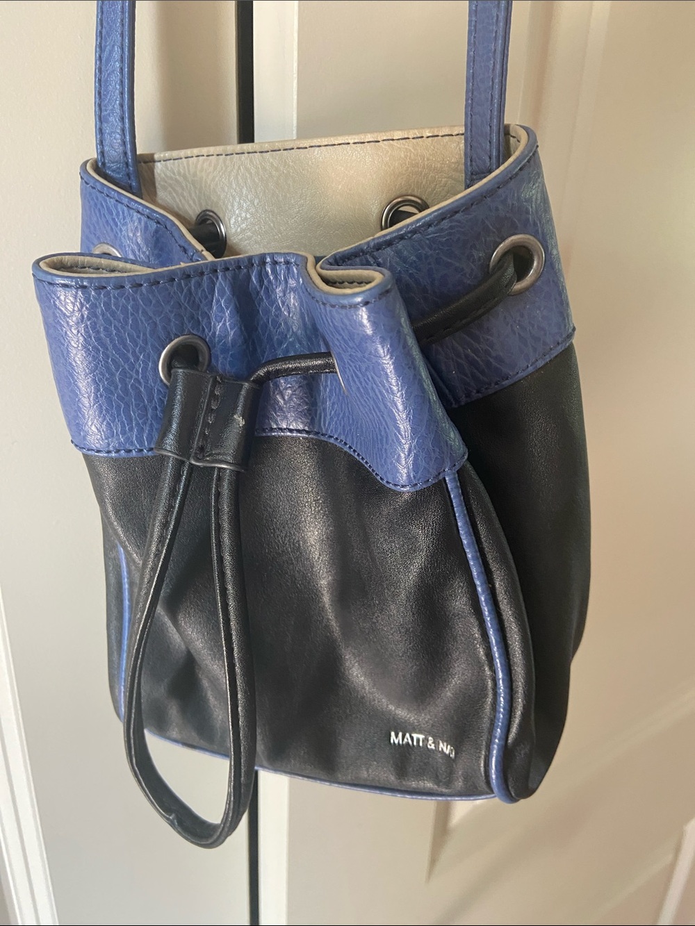 Matt & Nat Blue and Black vegan leather Drawstring Mini Bucket Bag